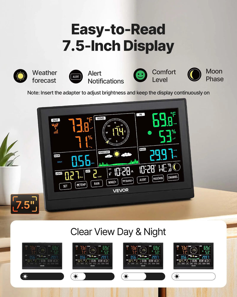 7-in-1 bezvadu laika aostākļu stacija ar 190,5 mm VA displeju, saules enerģijas āra sensoru, nokrišņu mērītāju, temperatūras, mitruma, vēja ātruma un virziena uzraudzību iekštelpās un āra apstākļos (bez Wi-Fi)