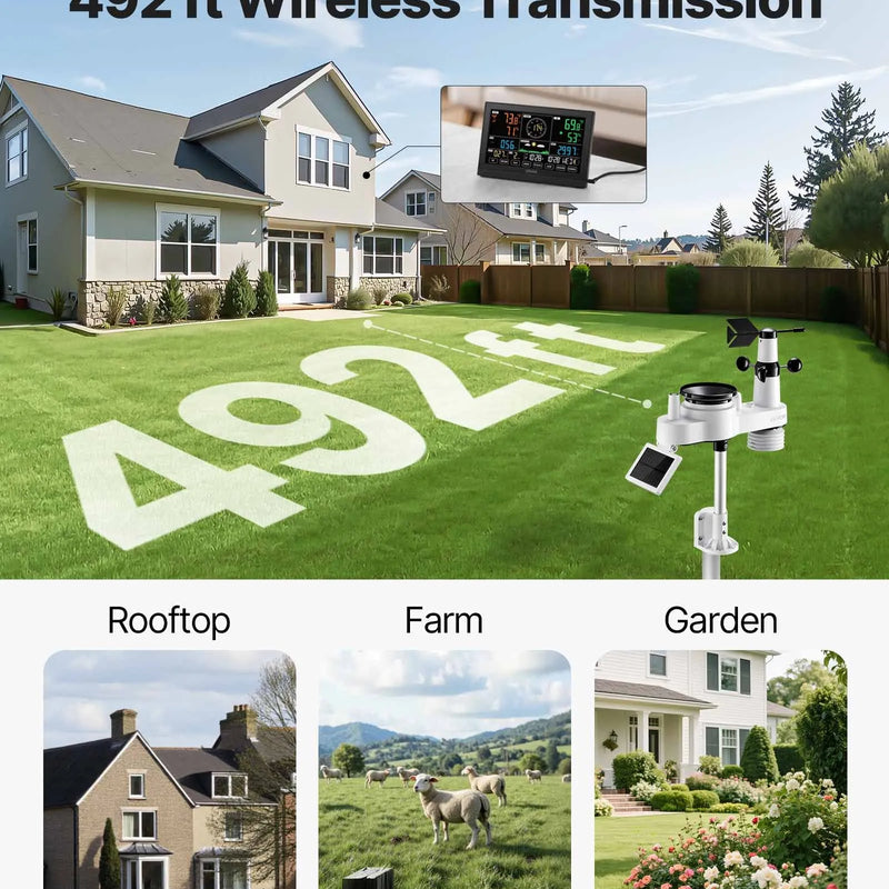 7-in-1 bezvadu laika aostākļu stacija ar 190,5 mm VA displeju, saules enerģijas āra sensoru, nokrišņu mērītāju, temperatūras, mitruma, vēja ātruma un virziena uzraudzību iekštelpās un āra apstākļos (bez Wi-Fi)