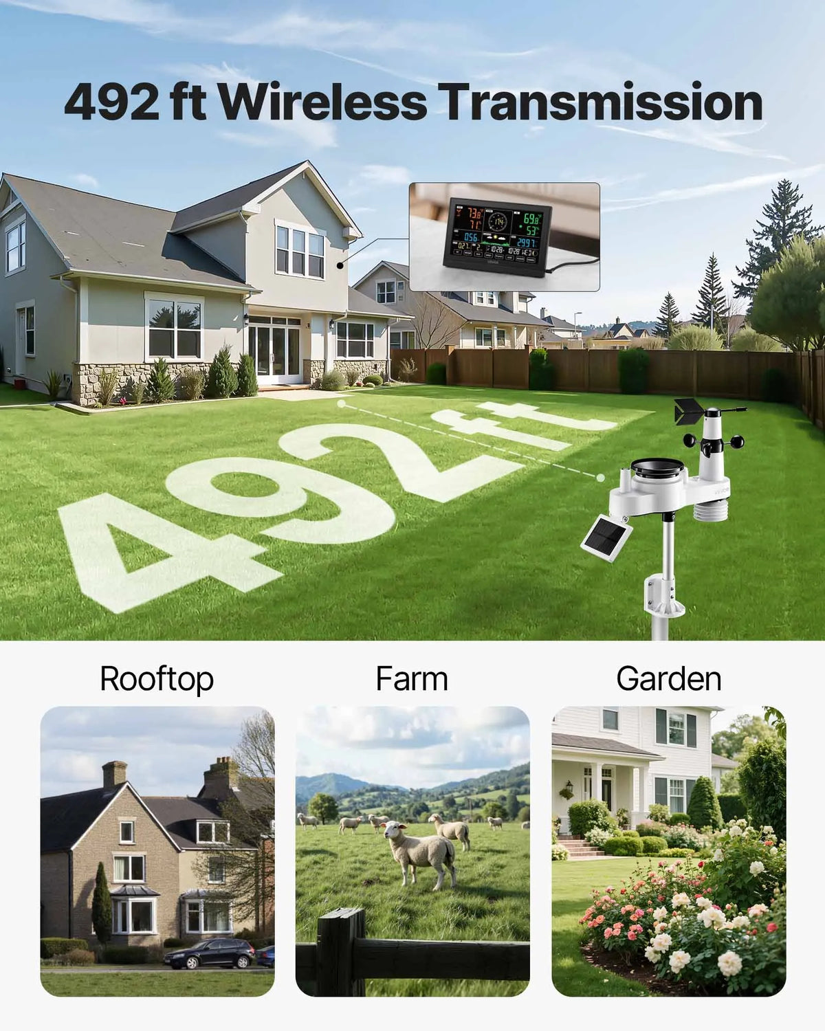 7-in-1 Wireless Weather Station with 190.5 mm VA Display, Solar-Powered Outdoor Sensor, Rain Gauge, Indoor and Outdoor Temperature, Humidity, Wind Speed and Direction Monitoring (No Wi-Fi)