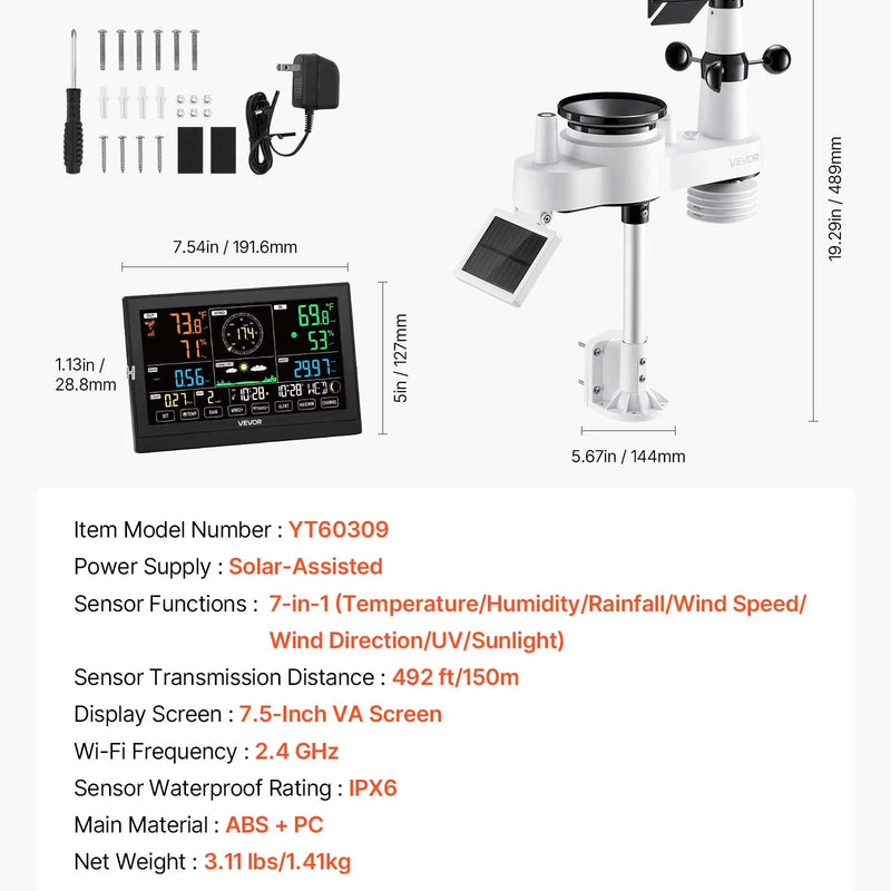7-in-1 bezvadu laika aostākļu stacija ar 190,5 mm VA displeju, saules enerģijas āra sensoru, nokrišņu mērītāju, temperatūras, mitruma, vēja ātruma un virziena uzraudzību iekštelpās un āra apstākļos (bez Wi-Fi)