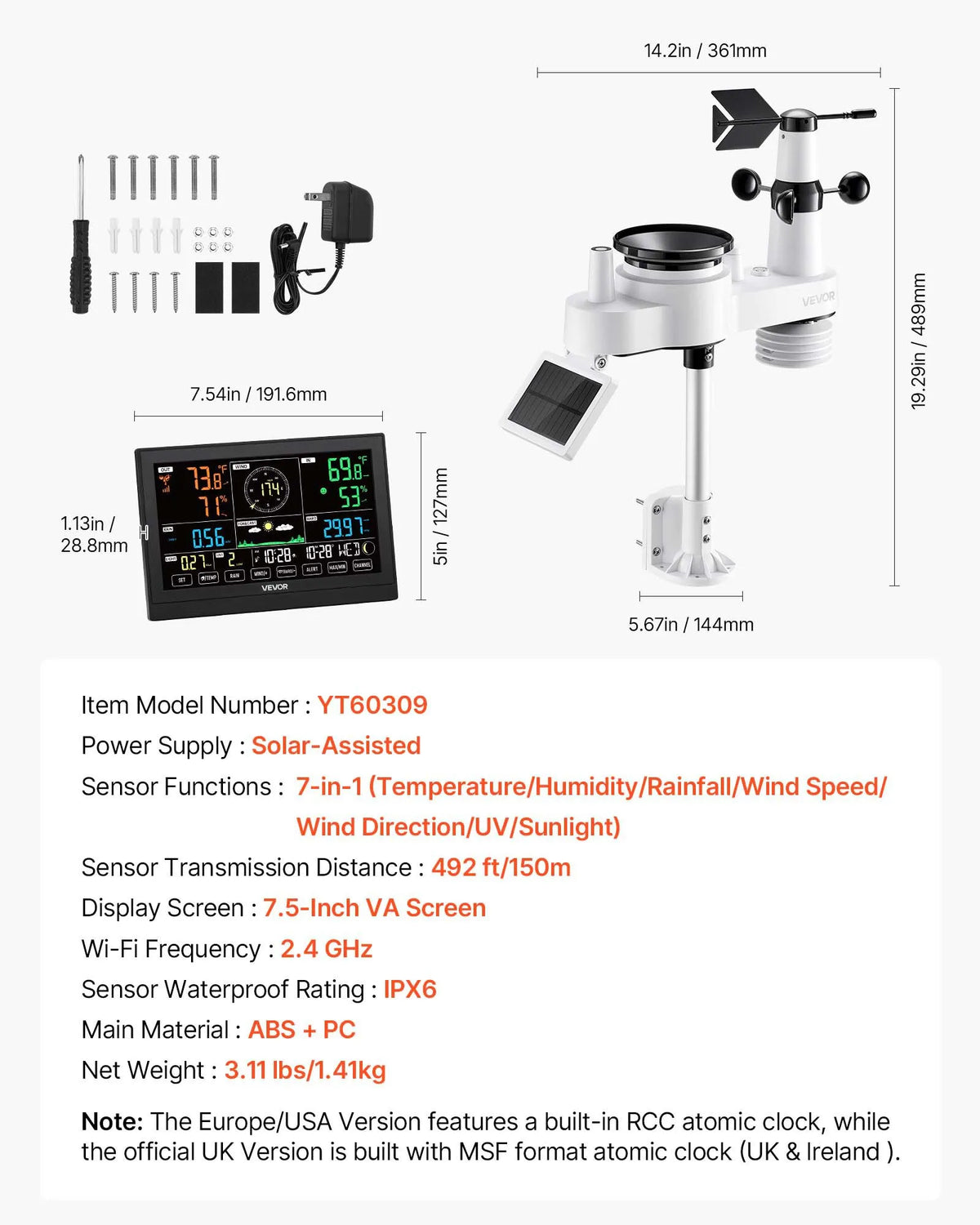 7-in-1 Wireless Weather Station with 190.5 mm VA Display, Solar-Powered Outdoor Sensor, Rain Gauge, Indoor and Outdoor Temperature, Humidity, Wind Speed and Direction Monitoring (No Wi-Fi)