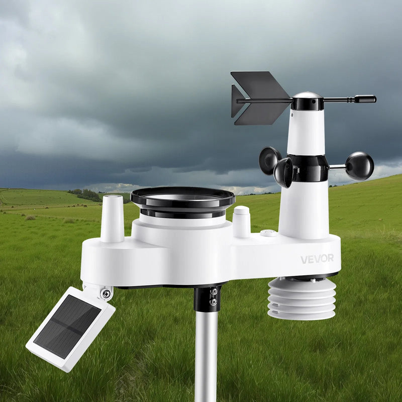7-in-1 bezvadu laika aostākļu stacija ar 190,5 mm VA displeju, saules enerģijas āra sensoru, nokrišņu mērītāju, temperatūras, mitruma, vēja ātruma un virziena uzraudzību iekštelpās un āra apstākļos (bez Wi-Fi)