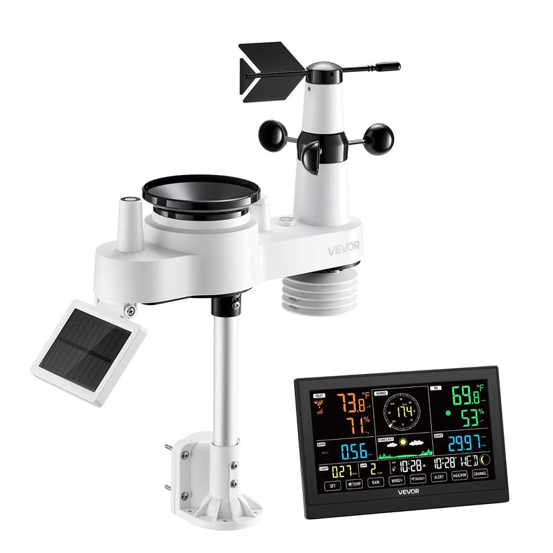 7-in-1 bezvadu laika aostākļu stacija ar 190,5 mm VA displeju, saules enerģijas āra sensoru, nokrišņu mērītāju, temperatūras, mitruma, vēja ātruma un virziena uzraudzību iekštelpās un āra apstākļos (bez Wi-Fi)