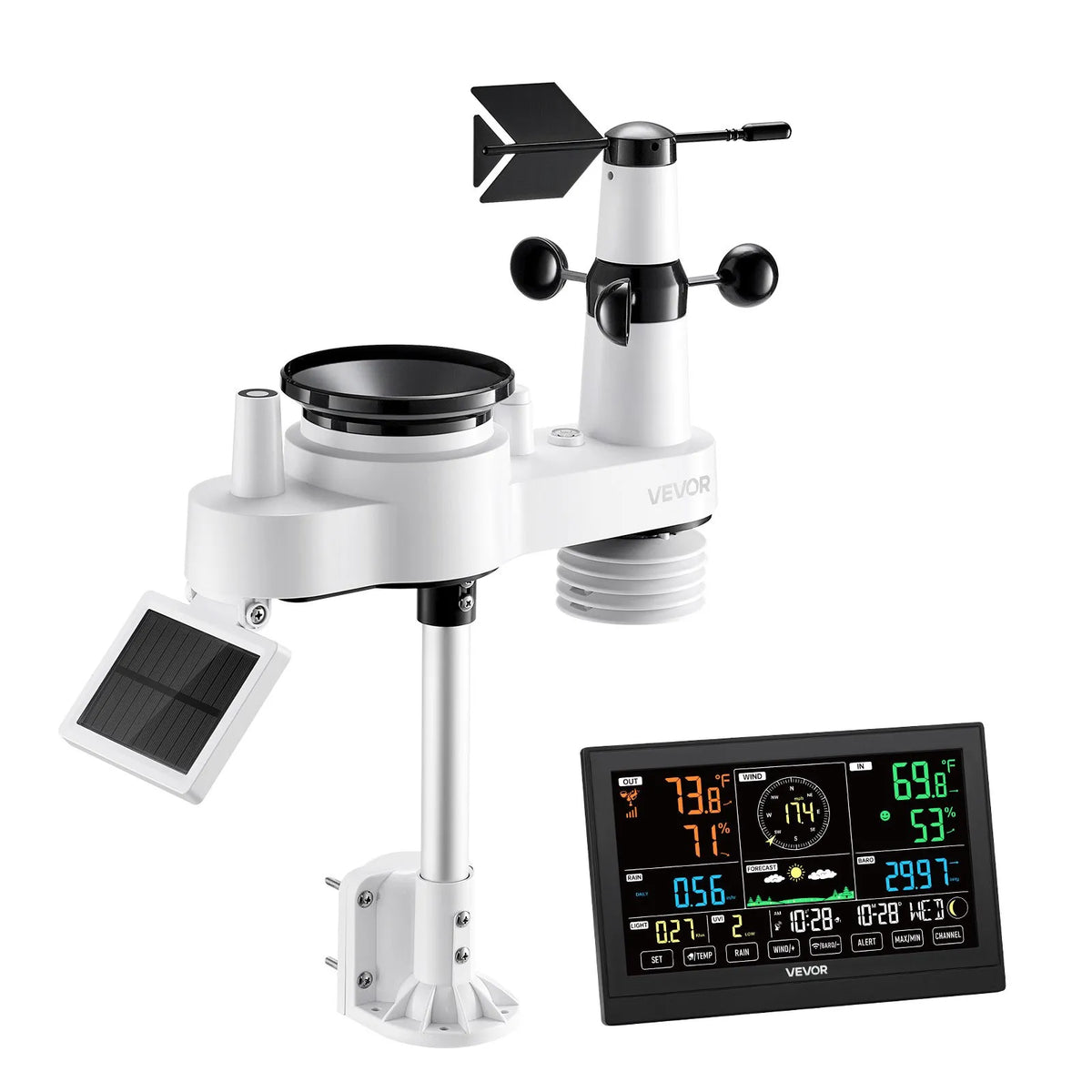7-in-1 Wireless Weather Station with 190.5 mm VA Display, Solar-Powered Outdoor Sensor, Rain Gauge, Indoor and Outdoor Temperature, Humidity, Wind Speed and Direction Monitoring (No Wi-Fi)