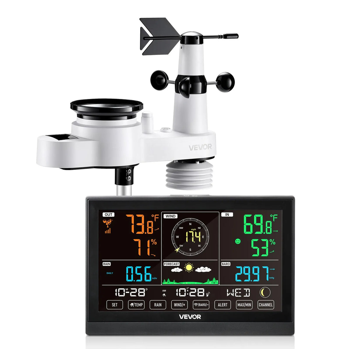 5-in-1 wireless weather station with 190.5 mm VA display, solar-powered outdoor sensor, rain gauge, indoor and outdoor temperature, humidity, wind speed and direction monitoring (no Wi-Fi)