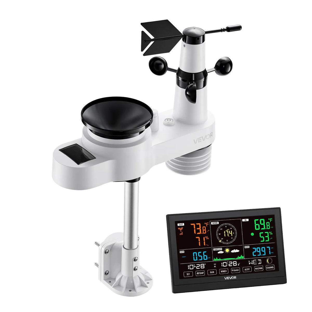 5-in-1 wireless weather station with 190.5 mm VA display, solar-powered outdoor sensor, rain gauge, indoor and outdoor temperature, humidity, wind speed and direction monitoring (no Wi-Fi)