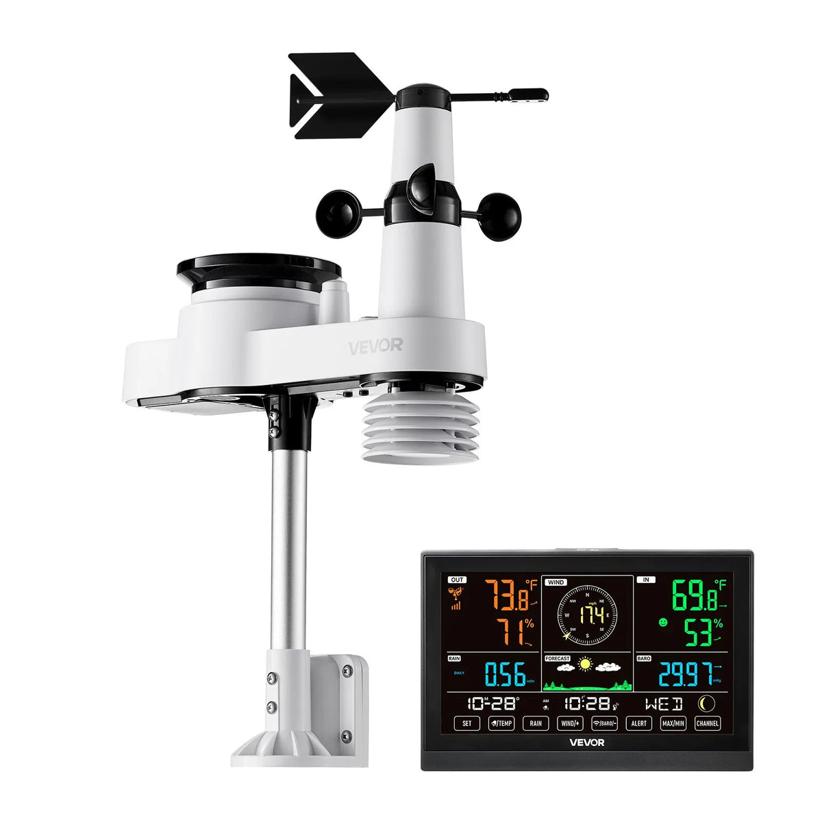 5-in-1 wireless weather station with 190.5 mm VA display, solar-powered outdoor sensor, rain gauge, indoor and outdoor temperature, humidity, wind speed and direction monitoring (no Wi-Fi)