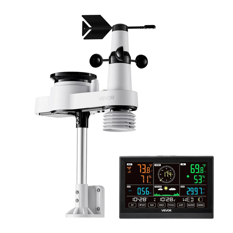 5-in-1 bezvadu laika apstākļu stacija ar 190,5 mm VA displeju, saules enerģijas āra sensoru, nokrišņu mērītāju, temperatūras, mitruma, vēja ātruma un virziena uzraudzību iekštelpās un āra apstākļos (bez Wi-Fi)