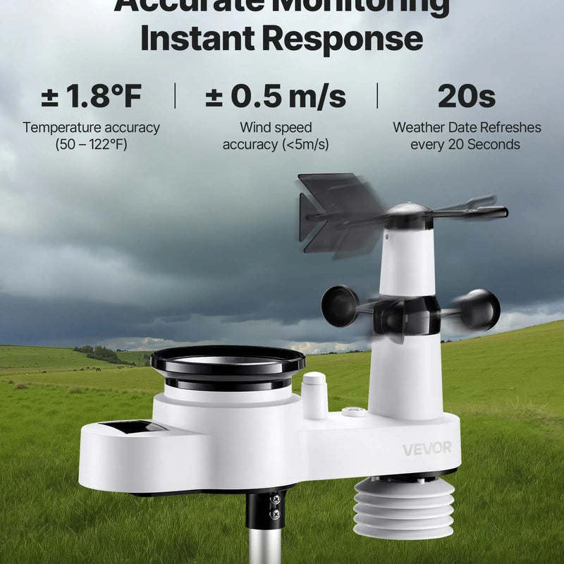 5-in-1 bezvadu laika apstākļu stacija ar 190,5 mm VA displeju, saules enerģijas āra sensoru, nokrišņu mērītāju, temperatūras, mitruma, vēja ātruma un virziena uzraudzību iekštelpās un āra apstākļos (bez Wi-Fi)