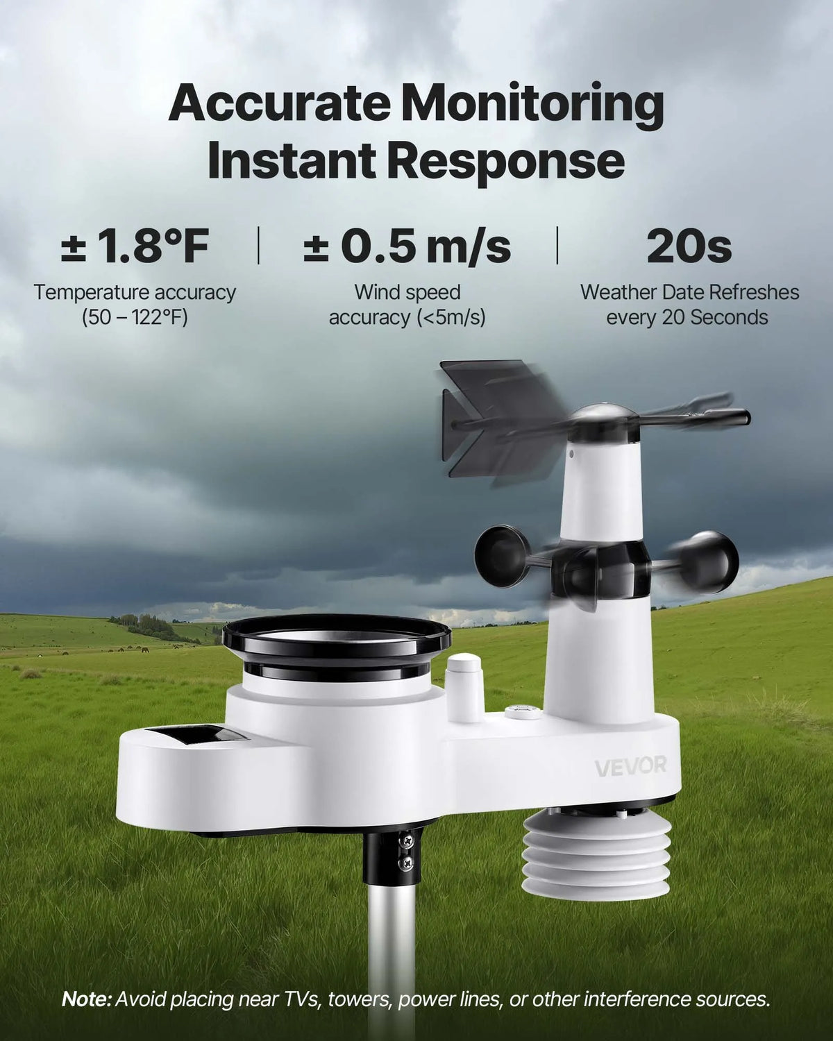 5-in-1 wireless weather station with 190.5 mm VA display, solar-powered outdoor sensor, rain gauge, indoor and outdoor temperature, humidity, wind speed and direction monitoring (no Wi-Fi)