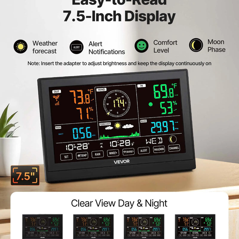 5-in-1 bezvadu laika apstākļu stacija ar 190,5 mm VA displeju, saules enerģijas āra sensoru, nokrišņu mērītāju, temperatūras, mitruma, vēja ātruma un virziena uzraudzību iekštelpās un āra apstākļos (bez Wi-Fi)