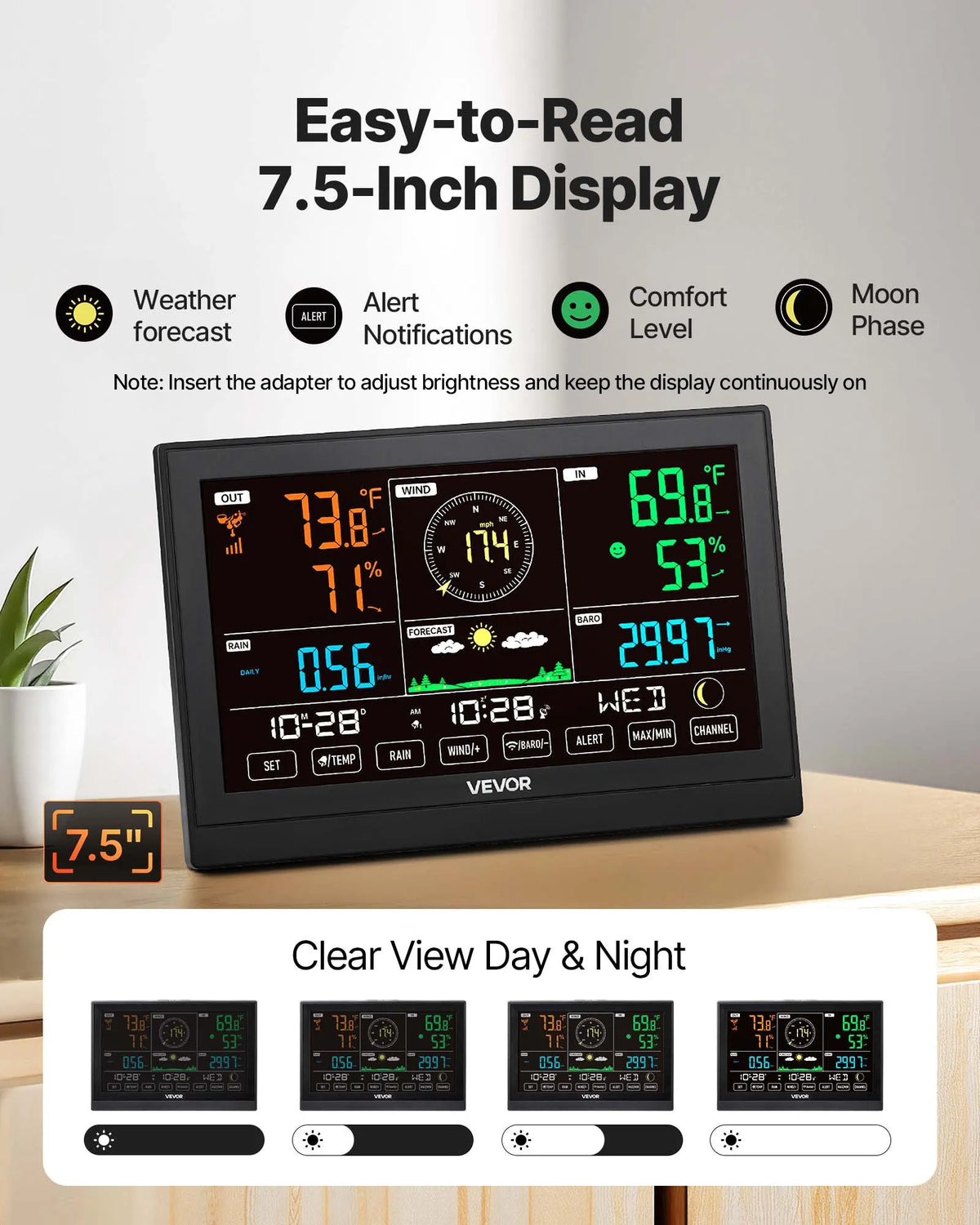 5-in-1 wireless weather station with 190.5 mm VA display, solar-powered outdoor sensor, rain gauge, indoor and outdoor temperature, humidity, wind speed and direction monitoring (no Wi-Fi)
