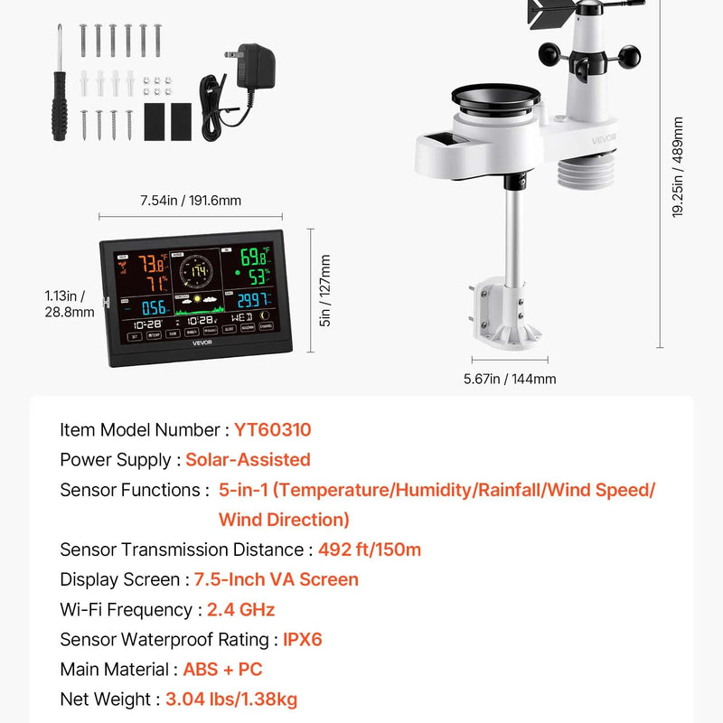 5-in-1 bezvadu laika apstākļu stacija ar 190,5 mm VA displeju, saules enerģijas āra sensoru, nokrišņu mērītāju, temperatūras, mitruma, vēja ātruma un virziena uzraudzību iekštelpās un āra apstākļos (bez Wi-Fi)