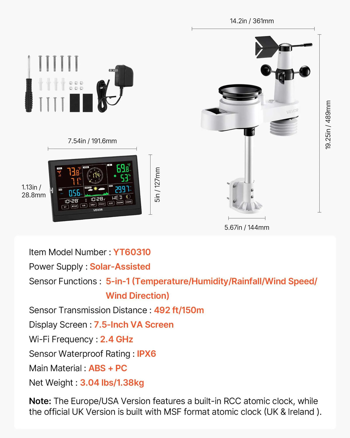 5-in-1 wireless weather station with 190.5 mm VA display, solar-powered outdoor sensor, rain gauge, indoor and outdoor temperature, humidity, wind speed and direction monitoring (no Wi-Fi)