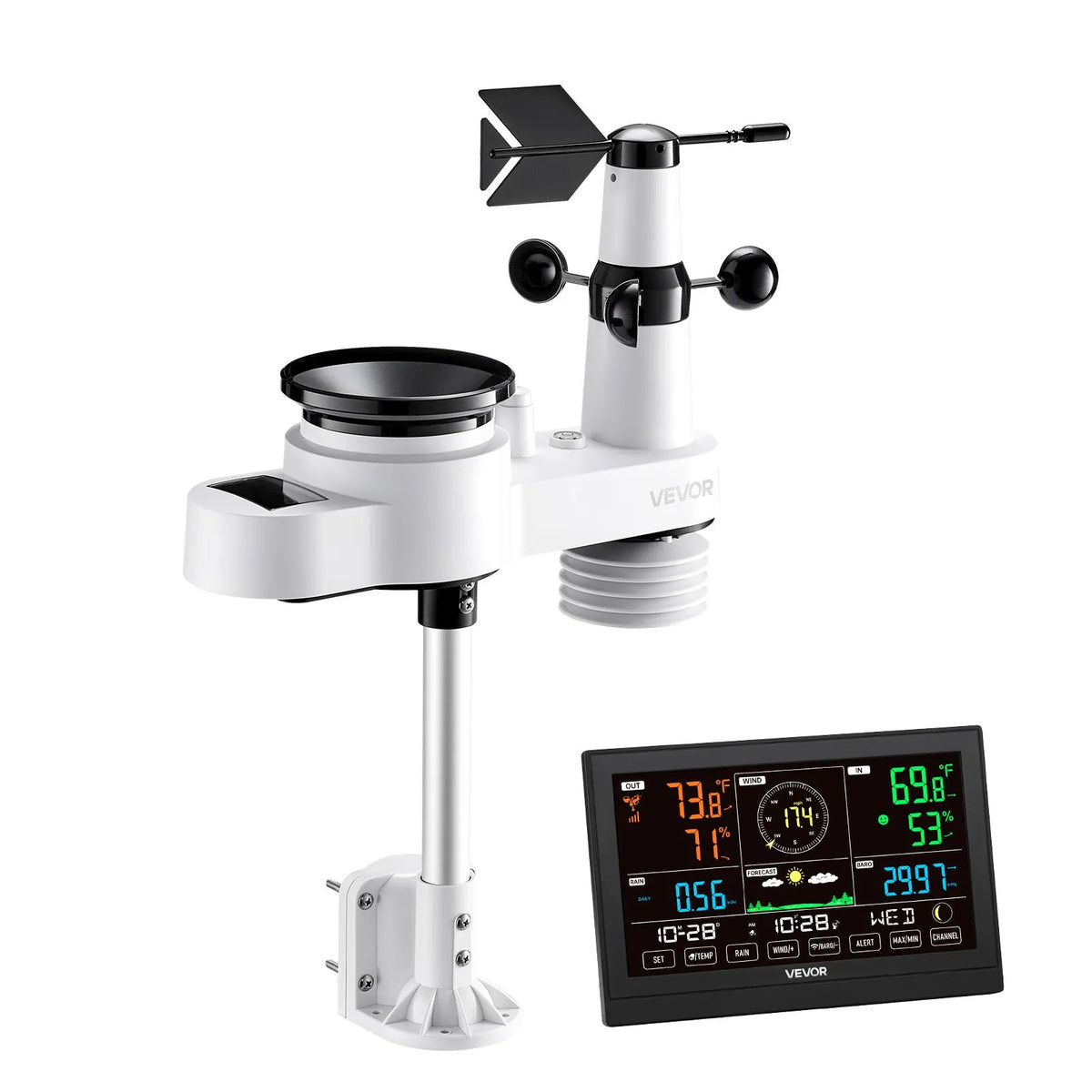 5-in-1 wireless weather station with 190.5 mm VA display, solar-powered outdoor sensor, rain gauge, indoor and outdoor temperature, humidity, wind speed and direction monitoring (no Wi-Fi)