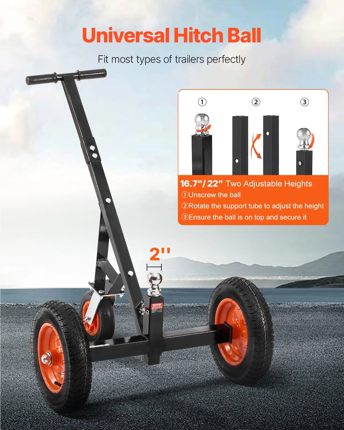 Piekabes pārvietošanas ratiņi, kravnesība 453 kg, regulējams augstums 42,4-55,8 cm, 50 mm sakabes lodveida gals, 35,5 cm riepas