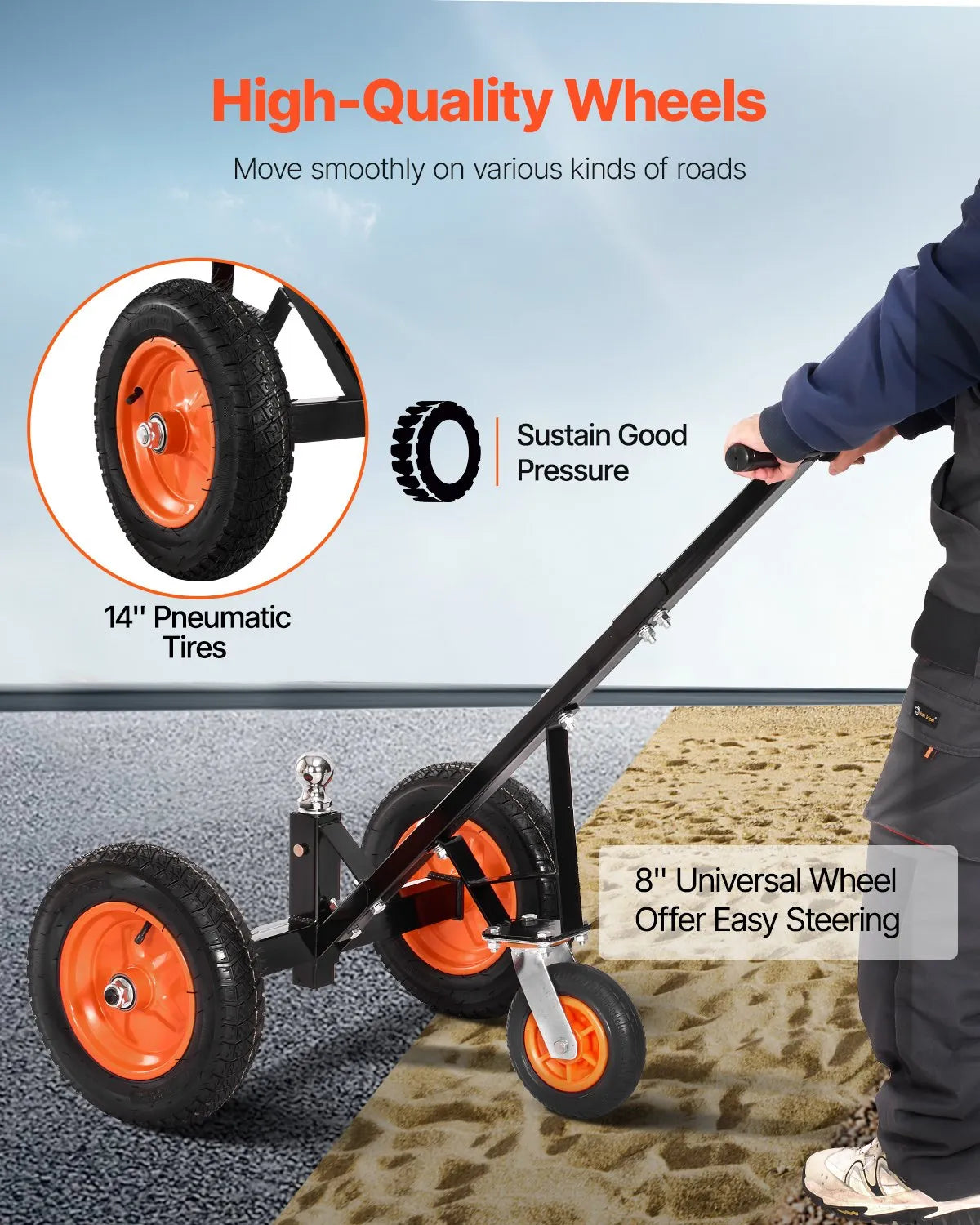 Piekabes pārvietošanas ratiņi, kravnesība 453 kg, regulējams augstums 42,4-55,8 cm, 50 mm sakabes lodveida gals, 35,5 cm riepas