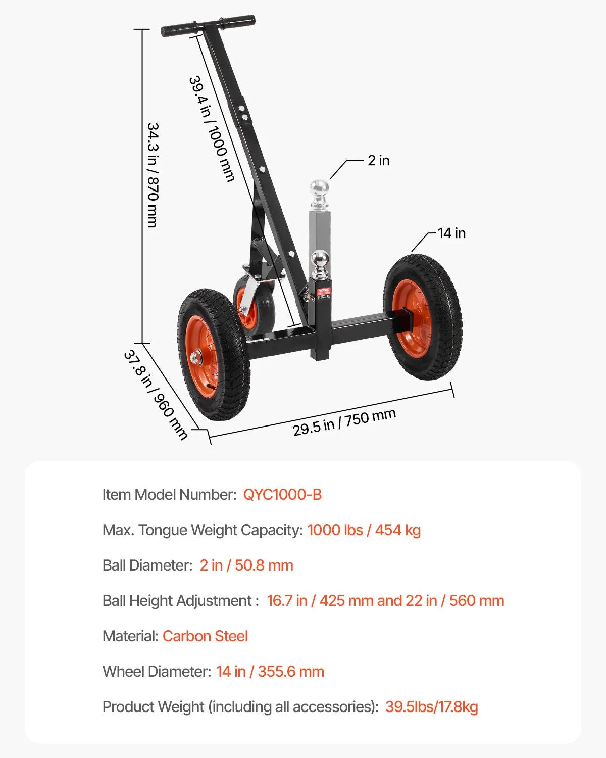 Piekabes pārvietošanas ratiņi, kravnesība 453 kg, regulējams augstums 42,4-55,8 cm, 50 mm sakabes lodveida gals, 35,5 cm riepas