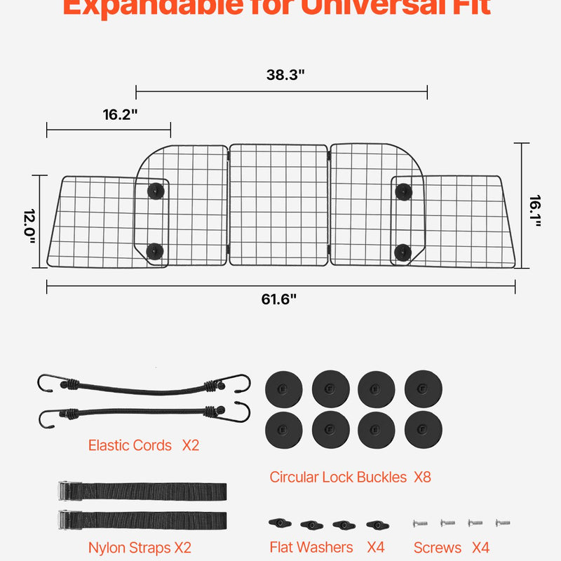 VEVOR suņa auto barjera, 980 mm - 1565 mm regulējams dzīvnieku dalītājs vārtiem bagāžniekam
