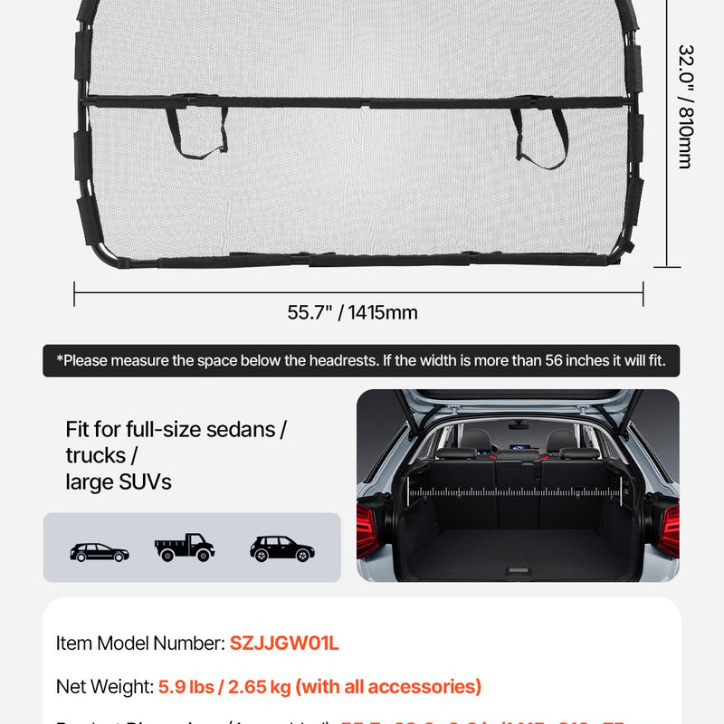 VEVOR suņa auto barjera, 1422 mm plaša, priekšējo sēdekļu uzstādīšana, auto dalītājs SUV