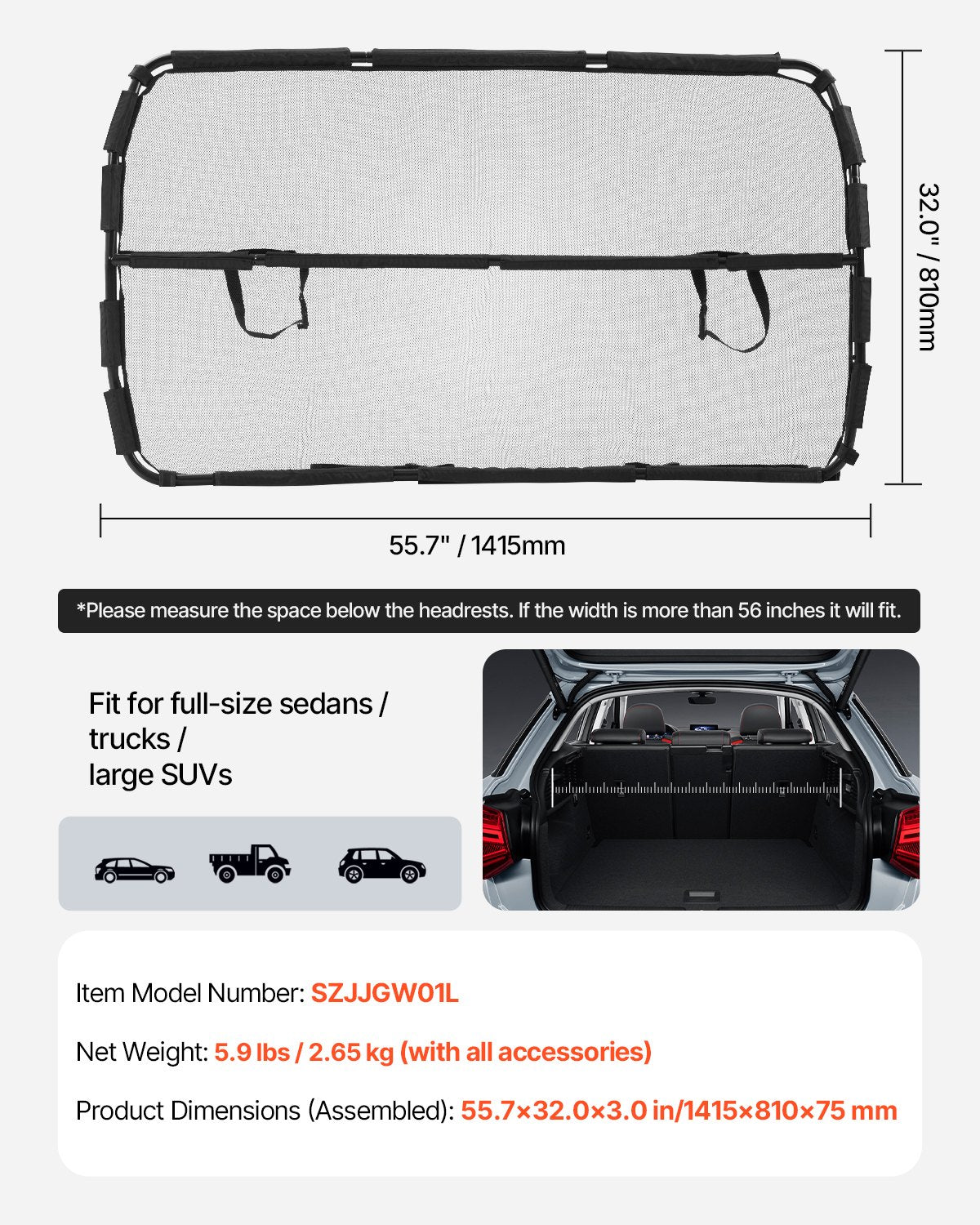 VEVOR Dog Car Barrier for Front Seats SUV, 142 cm