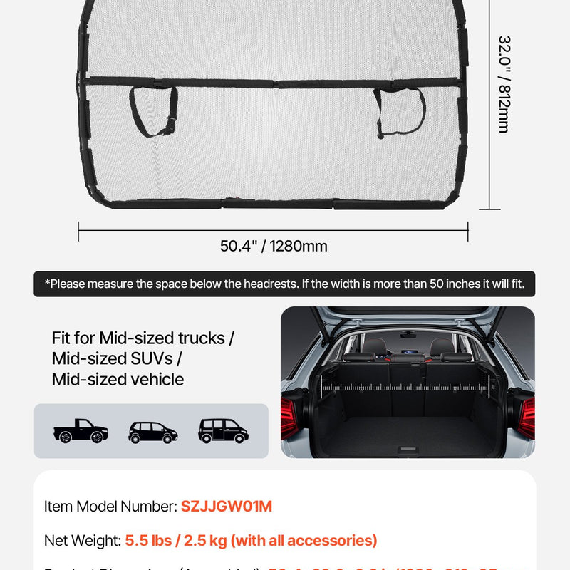 VEVOR suņa auto barjera, 1270 mm plaša, priekšējo sēdekļu uzstādīšana, auto dalītājs SUV