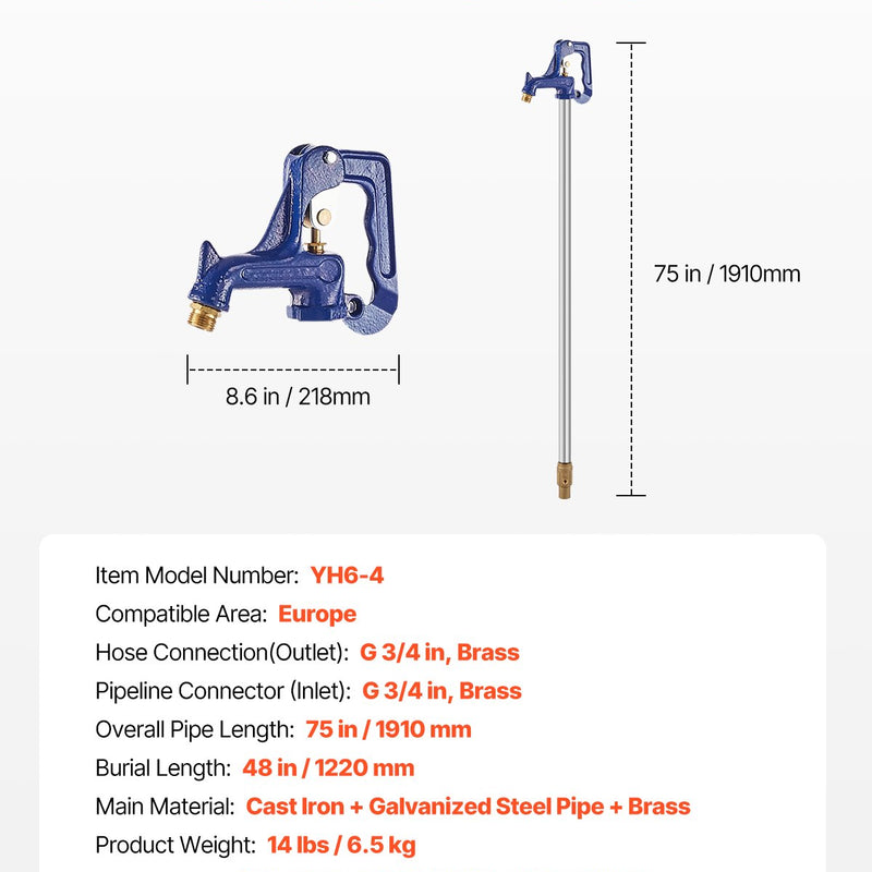 VEVOR salizturīgs dārza hidrants no čuguna - garums 1,91 m, dziļums 1,22 m