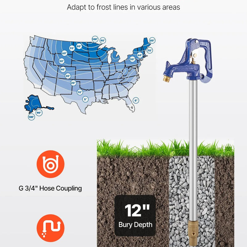 VEVOR salizturīgs dārza hidrants 1 m garums, 30 cm ierokamais dziļums, izturīgs čuguns