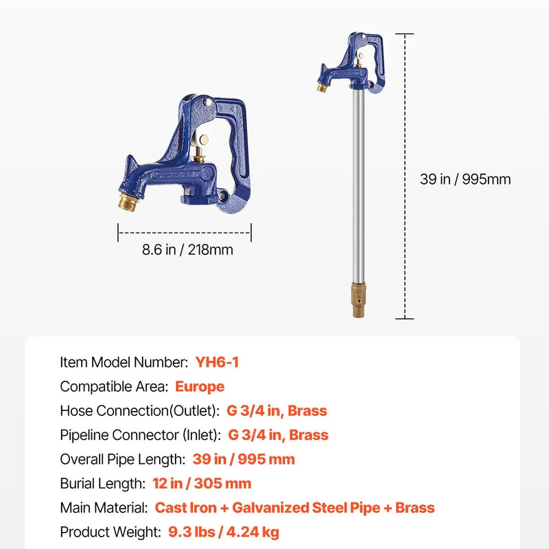 VEVOR salizturīgs dārza hidrants 1 m garums, 30 cm ierokamais dziļums, izturīgs čuguns