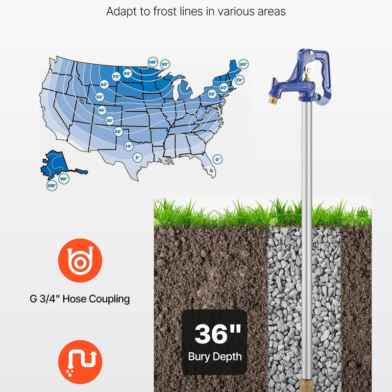 VEVOR salaizturīgs dārza ūdens krāns, 160 cm garums, 91 cm ierakuma dziļums, čuguna korpuss