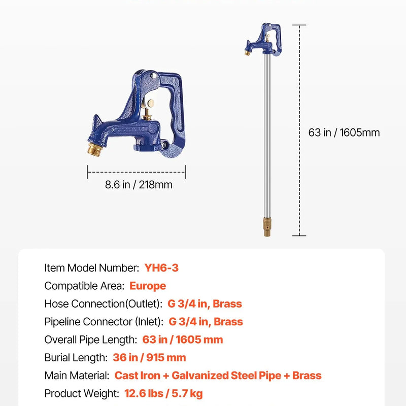 VEVOR salaizturīgs dārza ūdens krāns, 160 cm garums, 91 cm ierakuma dziļums, čuguna korpuss