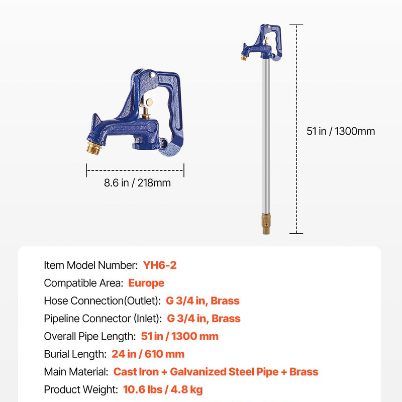 VEVOR salizturīgs dārza hidrants 1,3 m garums, 61 cm ierokamais dziļums, izturīgs čuguns