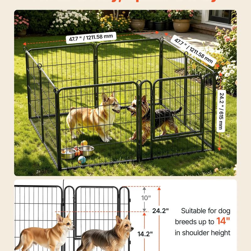 VEVOR saliekams metāla voljērs ar durvīm, 61 cm, 8 paneļi, melns