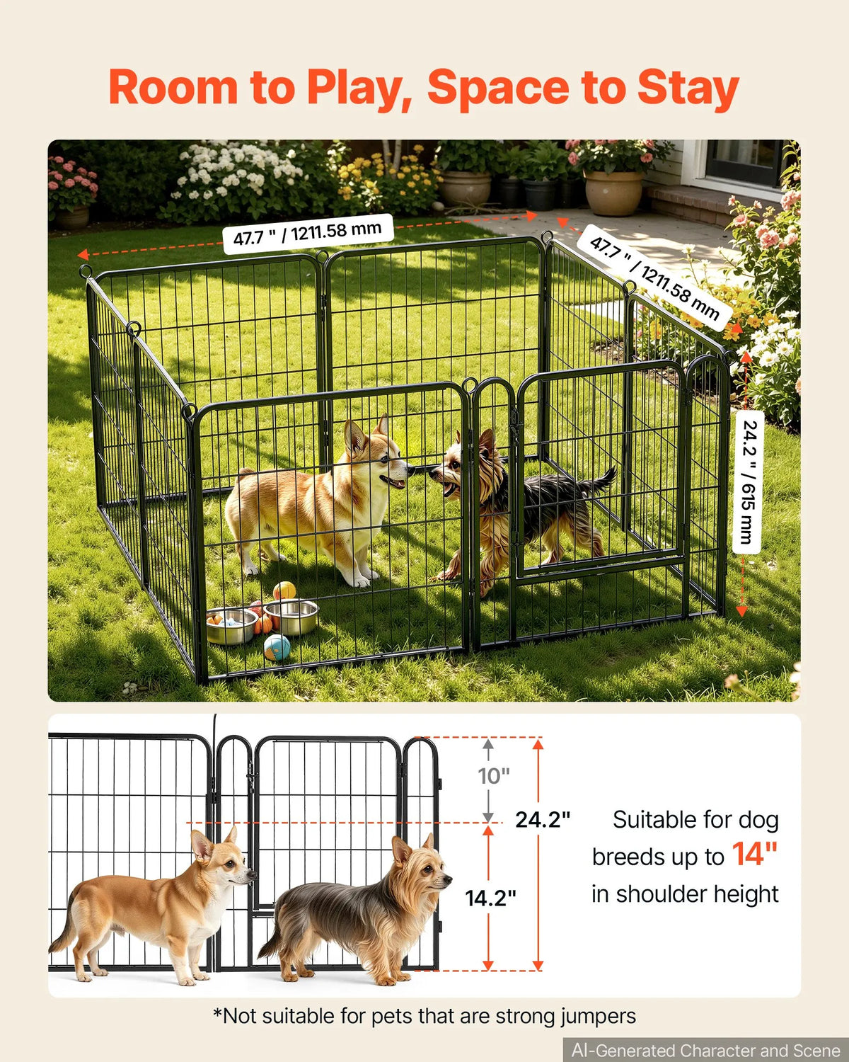 VEVOR salokāms metāla suņu aploks ar durvīm, 8 paneļi, 61 cm, melns