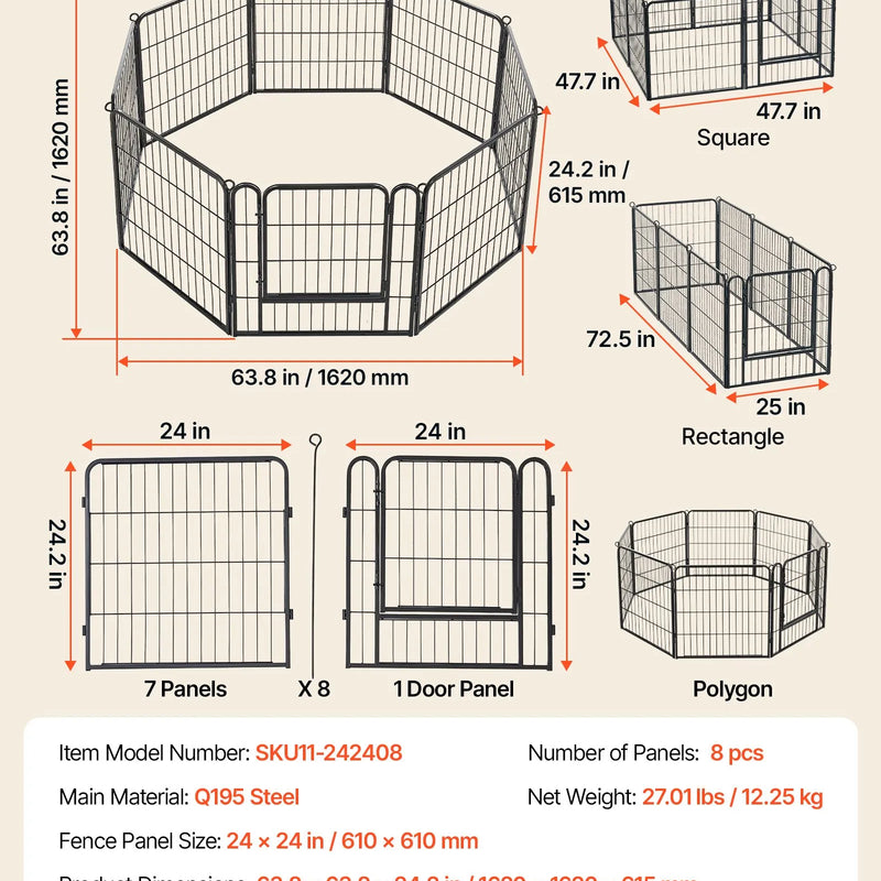 VEVOR saliekams metāla voljērs ar durvīm, 61 cm, 8 paneļi, melns