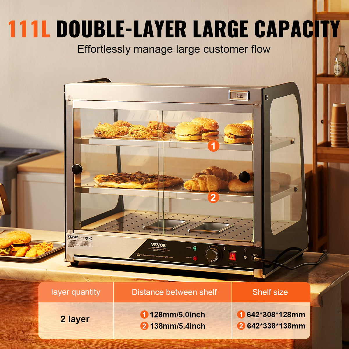 VEVOR Food Warming Display Cabinet 2 Tiers with Tank, for Pizza Storage