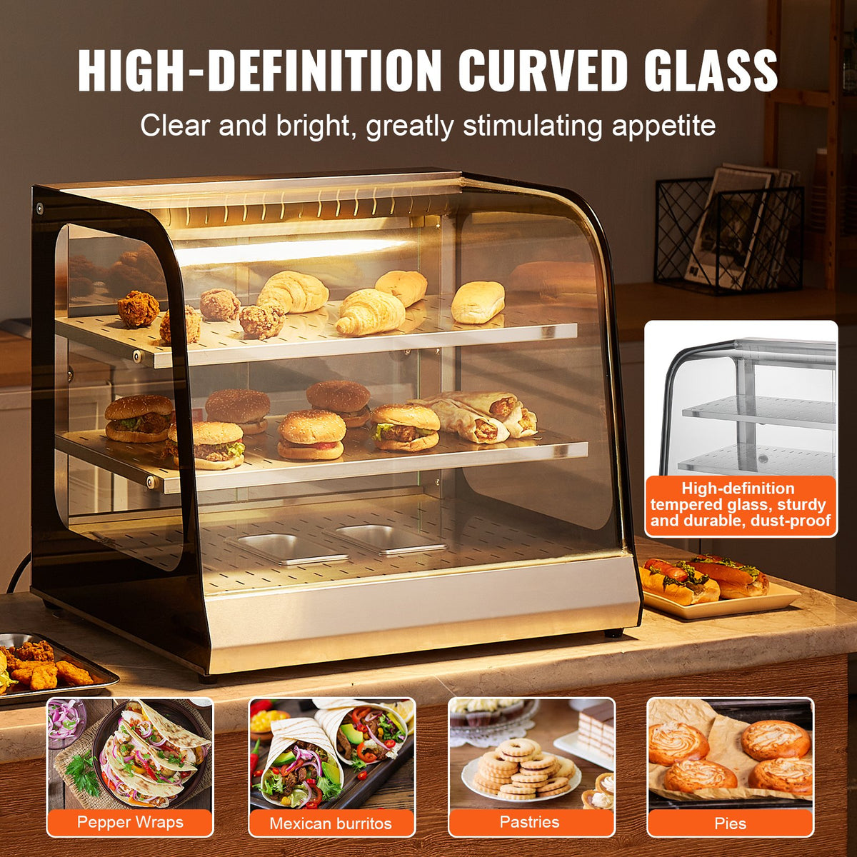 VEVOR Food Warming Display Cabinet 2 Tiers with Tank, for Pizza Storage