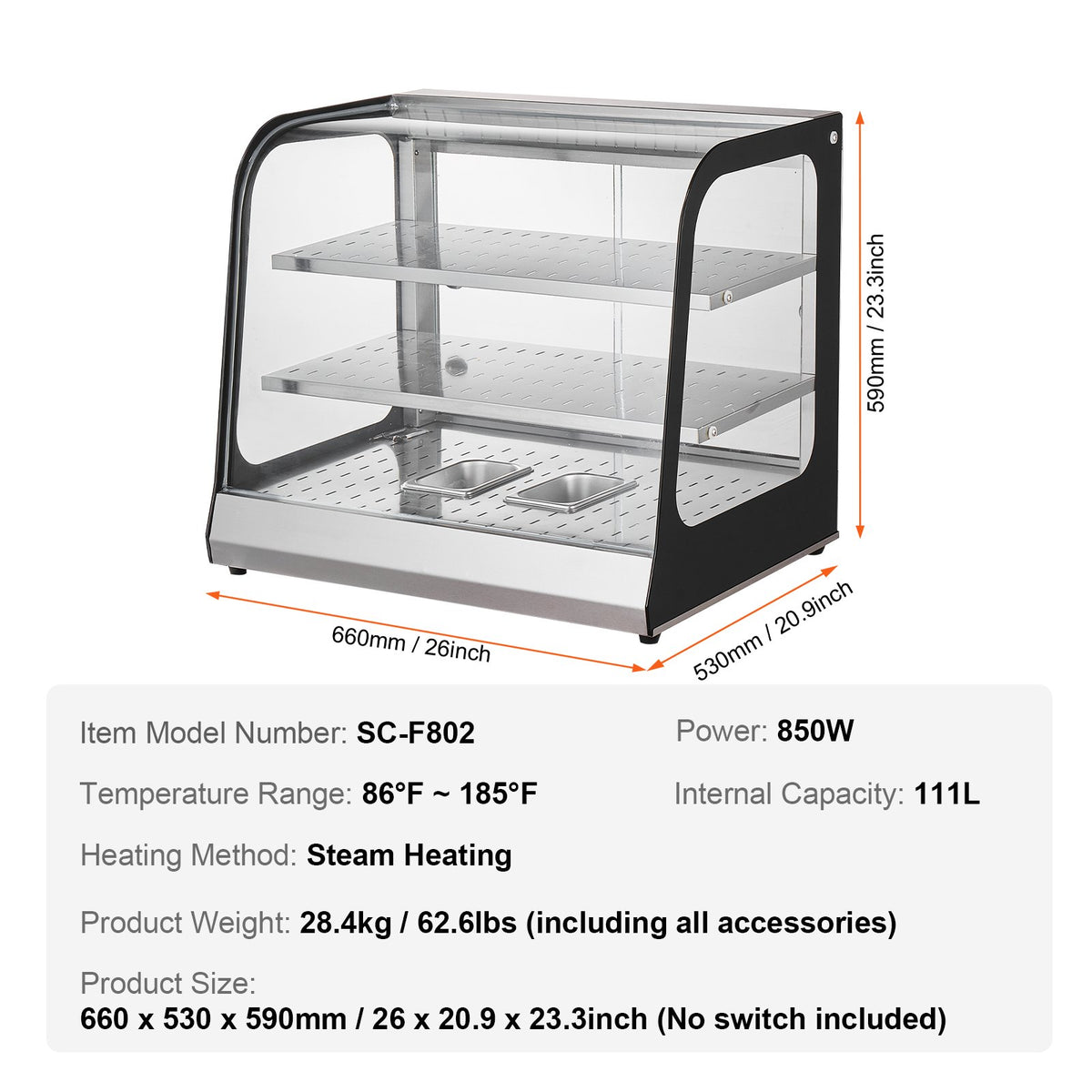 VEVOR Food Warming Display Cabinet 2 Tiers with Tank, for Pizza Storage