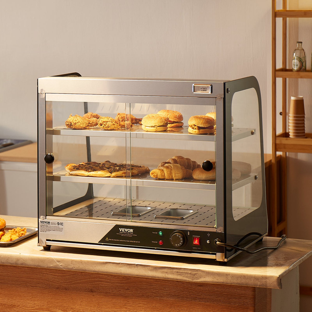 VEVOR Food Warming Display Cabinet 2 Tiers with Tank, for Pizza Storage