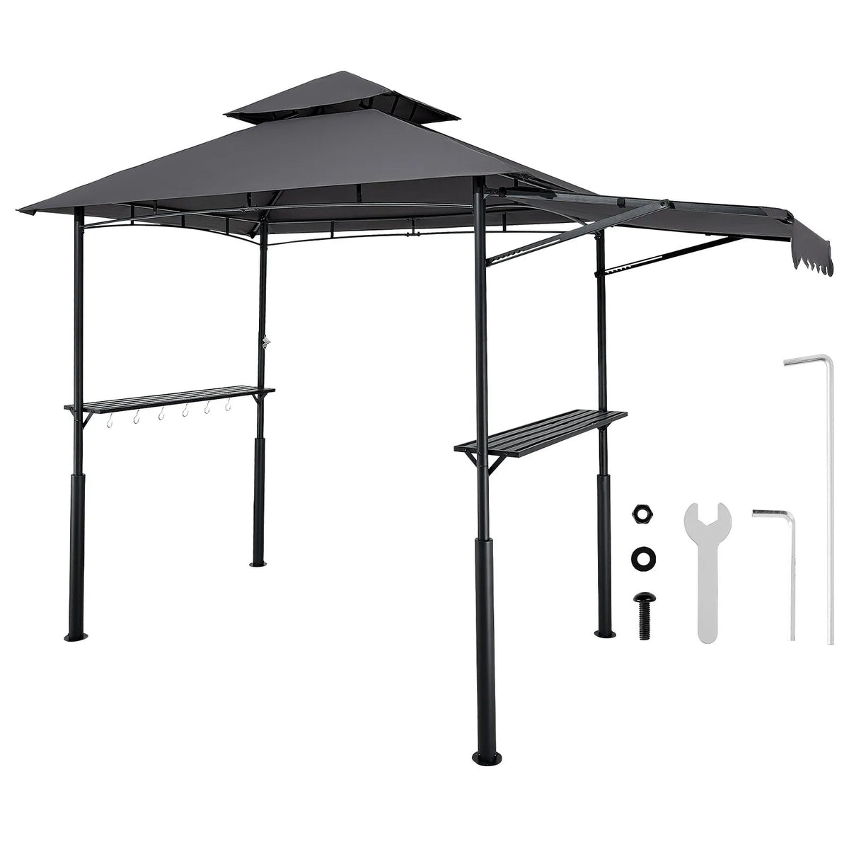 BBQ Gazebo, 2.43 × 1.5 m with Double Roof, Grill Canopy with Extra Awning, Powder-Coated Steel Patio Grill Shelter with 2 Side Shelves, Bottle Opener and Hooks, Outdoor Grilling Canopy for Garden