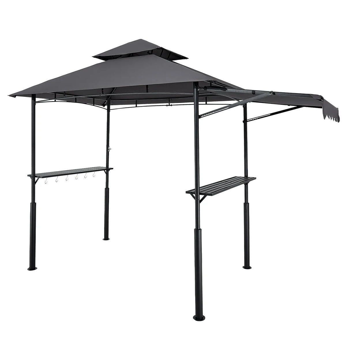 BBQ Gazebo, 2.43 × 1.5 m with Double Roof, Grill Canopy with Extra Awning, Powder-Coated Steel Patio Grill Shelter with 2 Side Shelves, Bottle Opener and Hooks, Outdoor Grilling Canopy for Garden