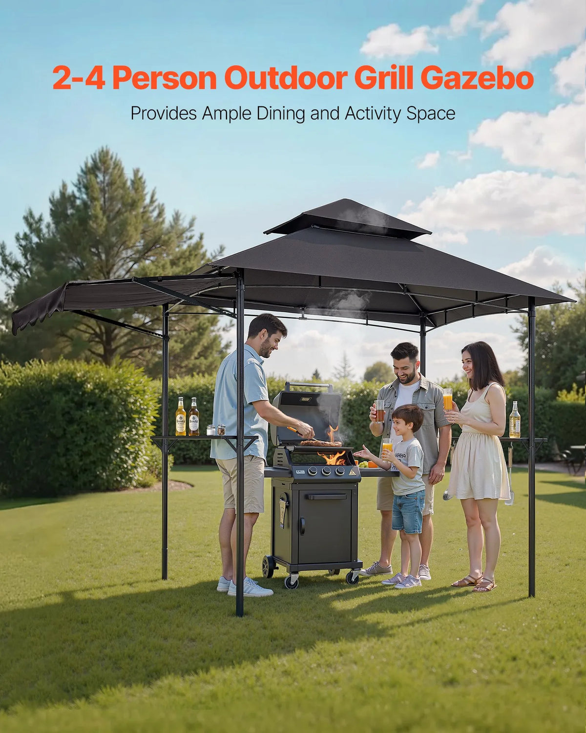 BBQ Gazebo, 2.43 × 1.5 m with Double Roof, Grill Canopy with Extra Awning, Powder-Coated Steel Patio Grill Shelter with 2 Side Shelves, Bottle Opener and Hooks, Outdoor Grilling Canopy for Garden