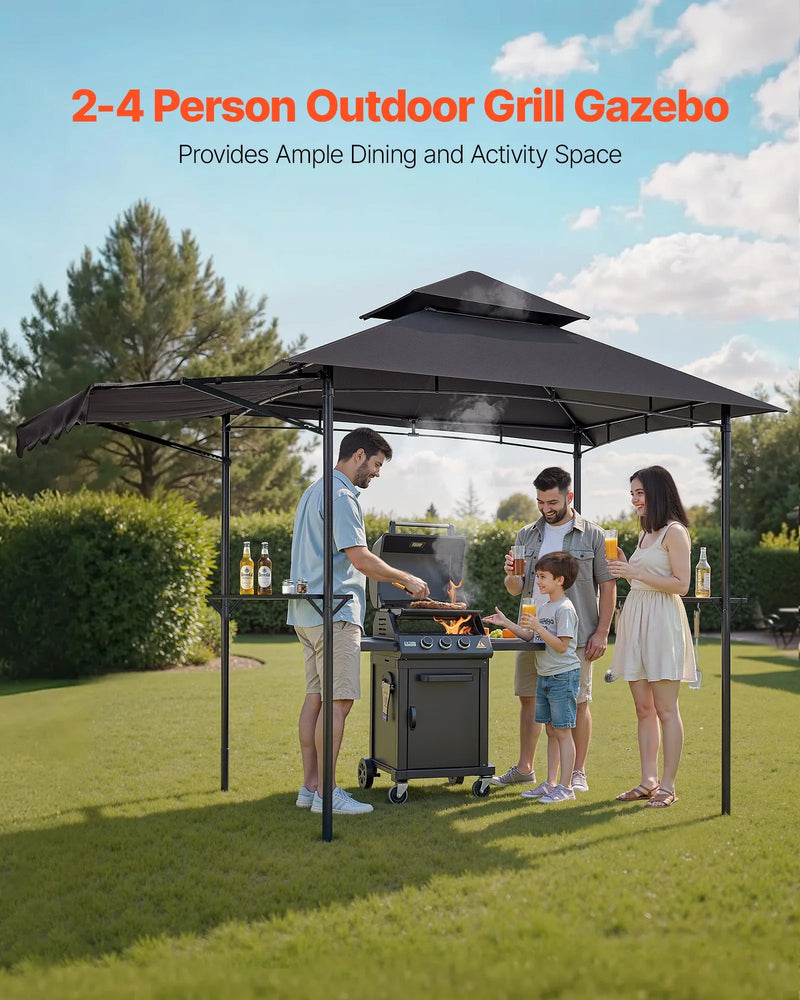 Grila nojume, 2,43 × 1,5 m ar divkāršu jumtu, BBQ nojume ar papildu markīzi, pulverkrāsota tērauda patia grila patversme ar 2 sānu plauktiem, pudeļu attaisāmo un āķiem, āra grilēšanas nojume dārzam