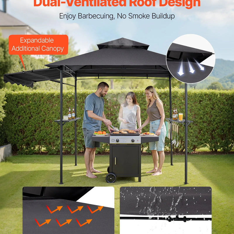 Grila nojume, 2,43 × 1,5 m ar divkāršu jumtu, BBQ nojume ar papildu markīzi, pulverkrāsota tērauda patia grila patversme ar 2 sānu plauktiem, pudeļu attaisāmo un āķiem, āra grilēšanas nojume dārzam