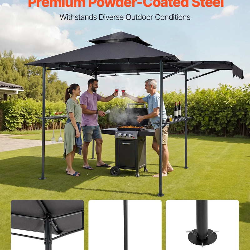 Grila nojume, 2,43 × 1,5 m ar divkāršu jumtu, BBQ nojume ar papildu markīzi, pulverkrāsota tērauda patia grila patversme ar 2 sānu plauktiem, pudeļu attaisāmo un āķiem, āra grilēšanas nojume dārzam