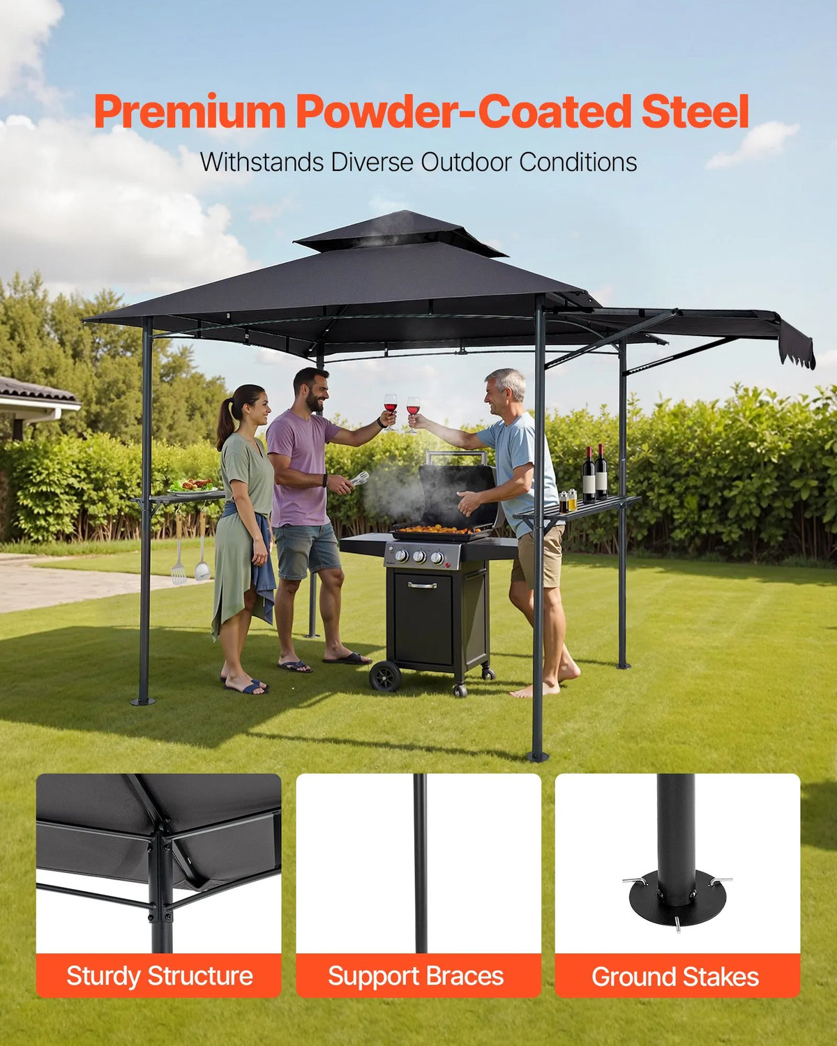 BBQ Gazebo, 2.43 × 1.5 m with Double Roof, Grill Canopy with Extra Awning, Powder-Coated Steel Patio Grill Shelter with 2 Side Shelves, Bottle Opener and Hooks, Outdoor Grilling Canopy for Garden