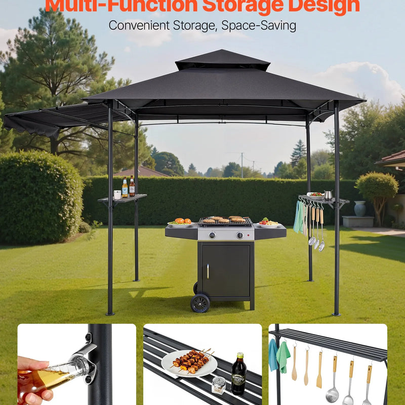 Grila nojume, 2,43 × 1,5 m ar divkāršu jumtu, BBQ nojume ar papildu markīzi, pulverkrāsota tērauda patia grila patversme ar 2 sānu plauktiem, pudeļu attaisāmo un āķiem, āra grilēšanas nojume dārzam