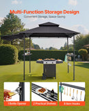 Grila nojume, 2,43 × 1,5 m ar divkāršu jumtu, BBQ nojume ar papildu markīzi, pulverkrāsota tērauda patia grila patversme ar 2 sānu plauktiem, pudeļu attaisāmo un āķiem, āra grilēšanas nojume dārzam