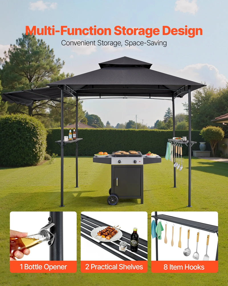 Grila nojume, 2,43 × 1,5 m ar divkāršu jumtu, BBQ nojume ar papildu markīzi, pulverkrāsota tērauda patia grila patversme ar 2 sānu plauktiem, pudeļu attaisāmo un āķiem, āra grilēšanas nojume dārzam