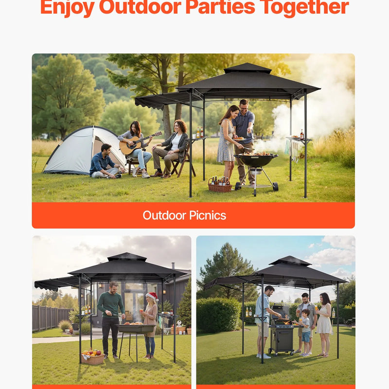 Grila nojume, 2,43 × 1,5 m ar divkāršu jumtu, BBQ nojume ar papildu markīzi, pulverkrāsota tērauda patia grila patversme ar 2 sānu plauktiem, pudeļu attaisāmo un āķiem, āra grilēšanas nojume dārzam